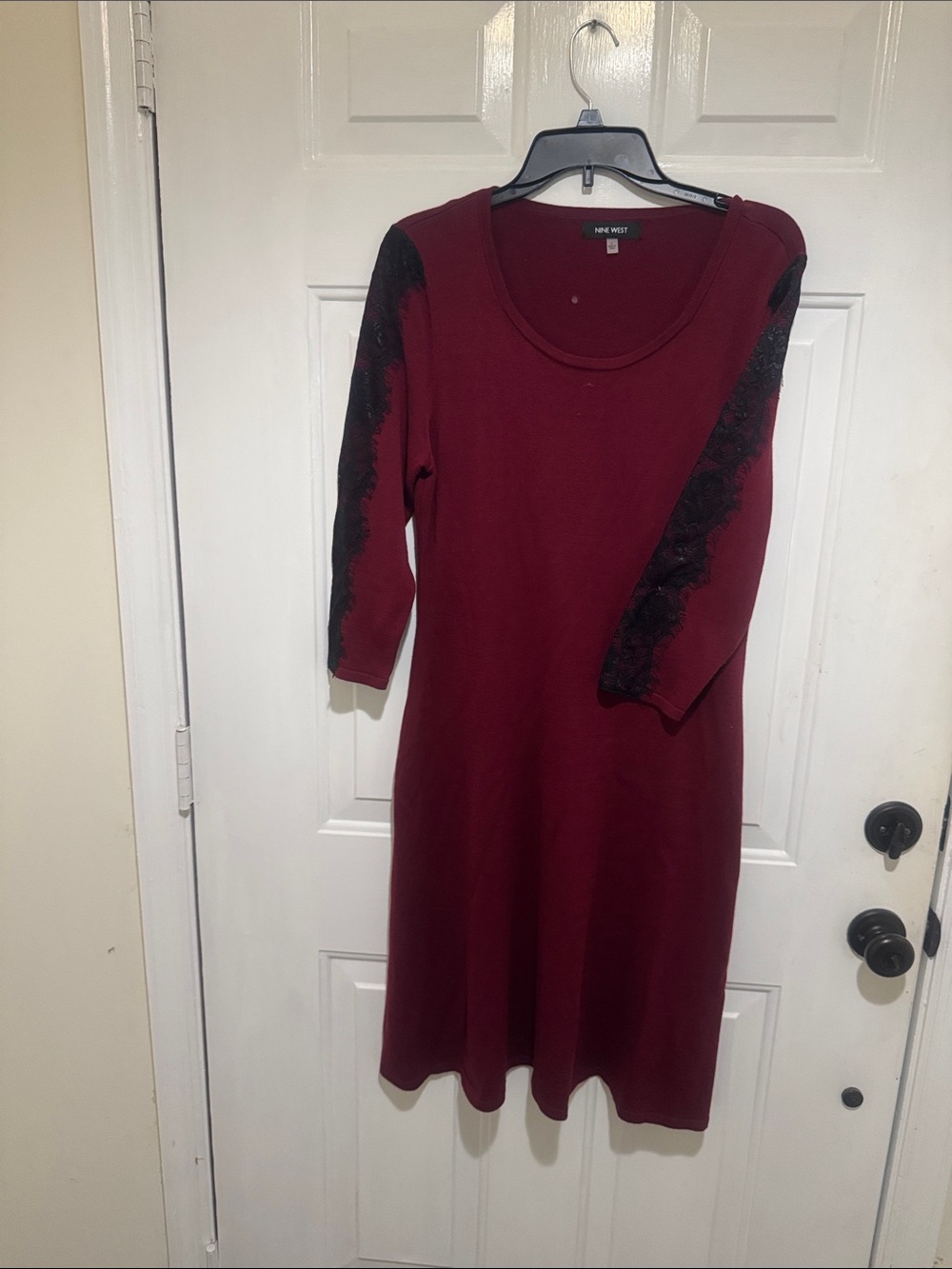 Nine West Wine Red Long Sleeve Dress with Black Lace Sleeves